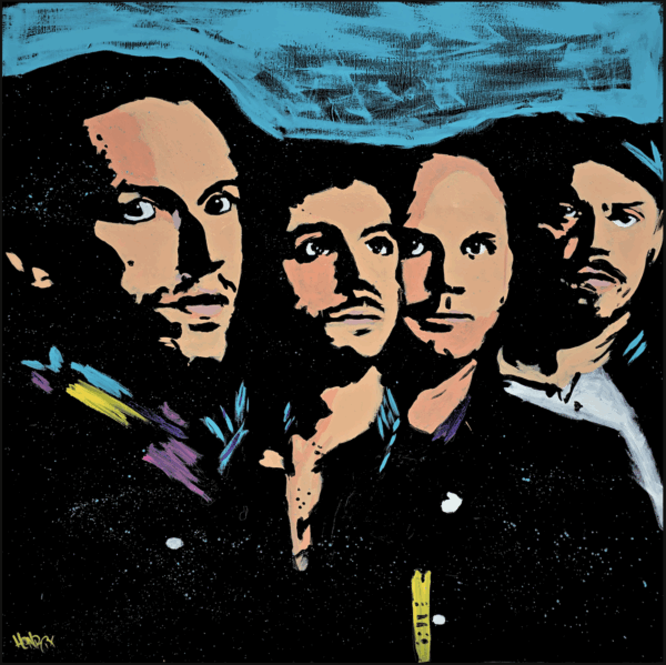 Henrix original artwork featuring Coldplay band members, painted in tones of blue, black, and peach.